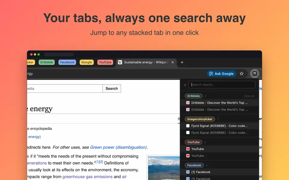 Search tabs with TabStacks
